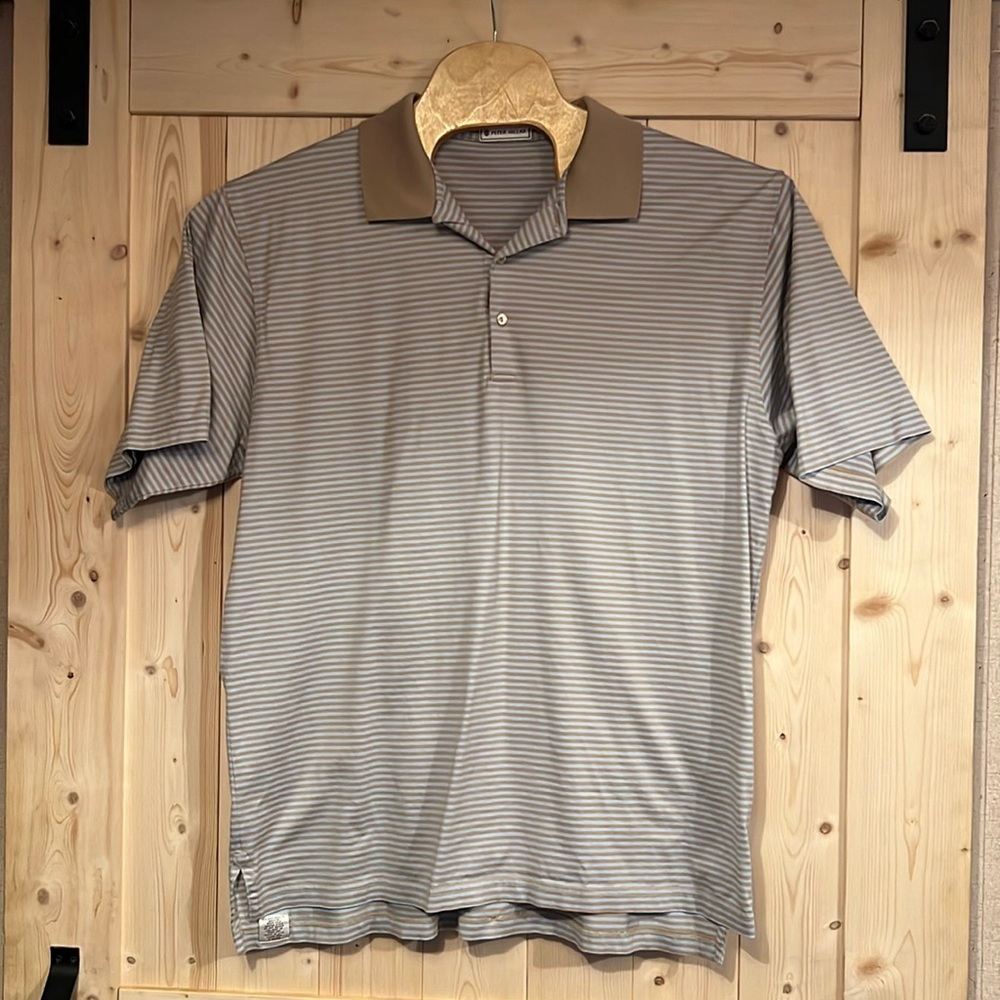 Peter Millar Men’s Tan and Blue Striped Cotton Short Sleeve Polo Size‎ XL